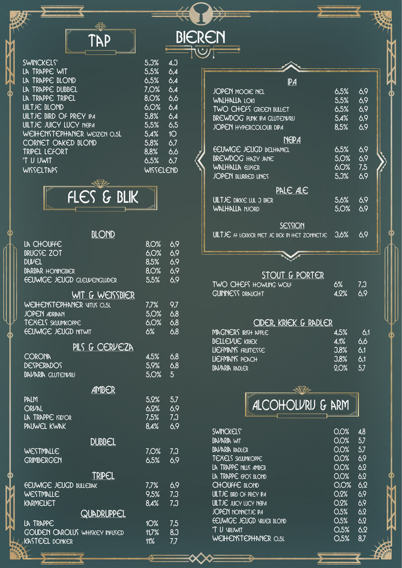 De nieuwe bierkaart 2026 van Café de Roemer: een donkergroene art-decokaart met gouden randen. De volledige tekst staat hiernaast uitgeschreven.