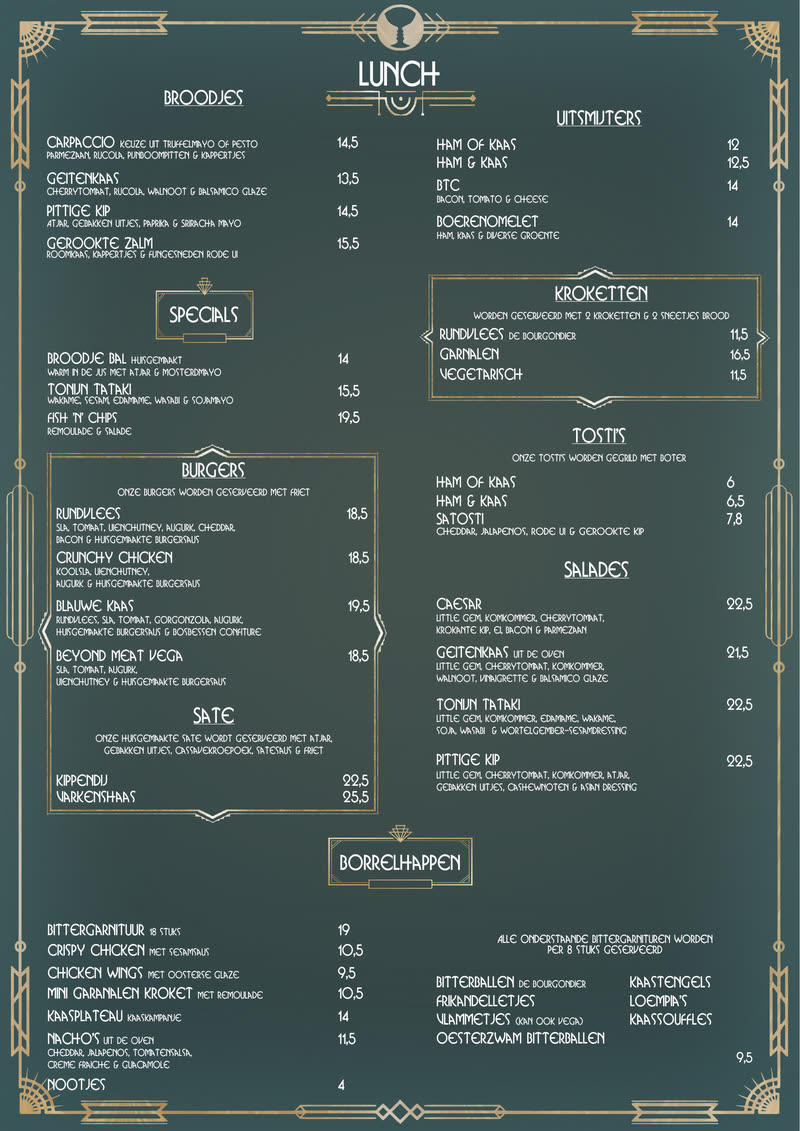 De nieuwe lunchkaart 2026 van Café de Roemer: een donkergroene art-decokaart met gouden randen. De volledige tekst staat hiernaast uitgeschreven.